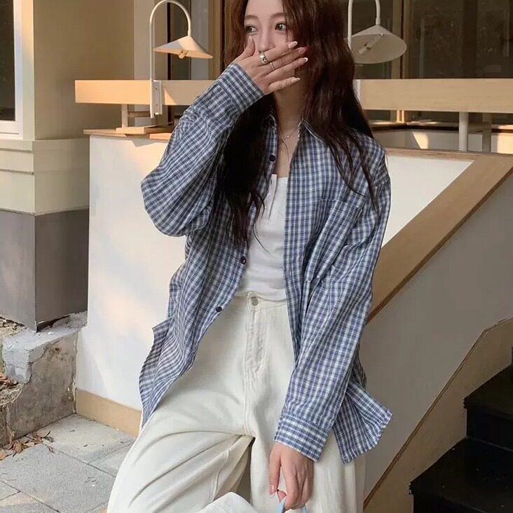 复古蓝色格子衬衫女早秋