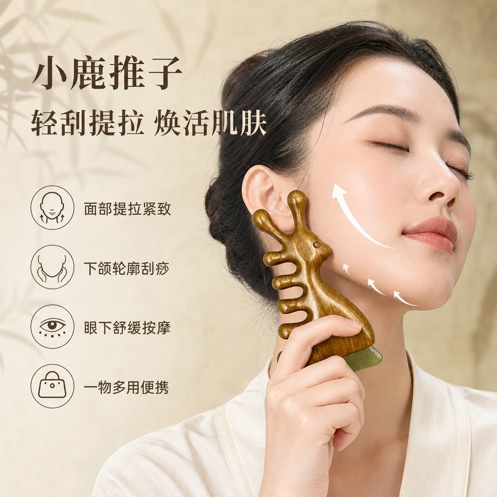 金丝檀木小鹿两用小推子 羊角二合一按摩梳 面部拨筋按摩刮痧板