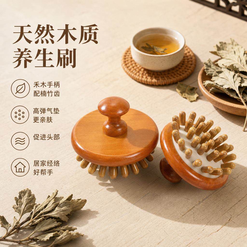 实木圆盘气垫按摩梳头部经络刷全身疏通檀木头皮护理家用保健器材