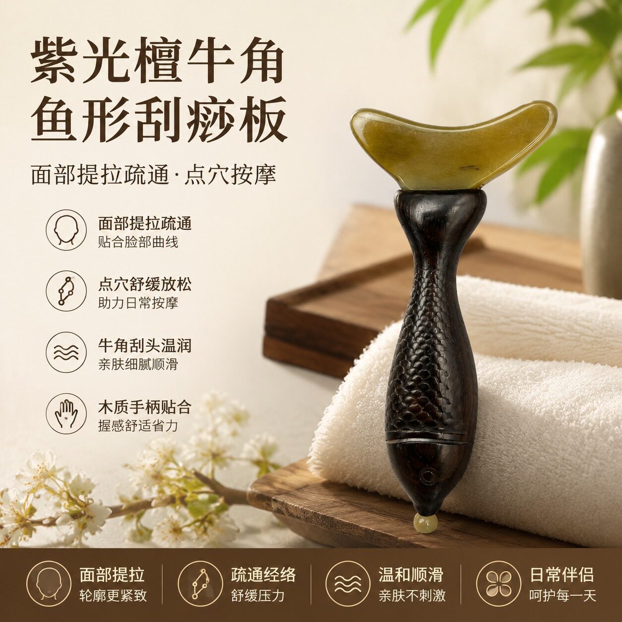 实木檀木拼接牛角刮板 手工打磨工艺 家用面部提拉按摩穴位工具