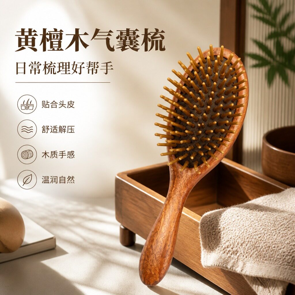 实木黄檀气囊按摩梳 圆润球柄气囊梳 舒缓头皮顺发护发梳