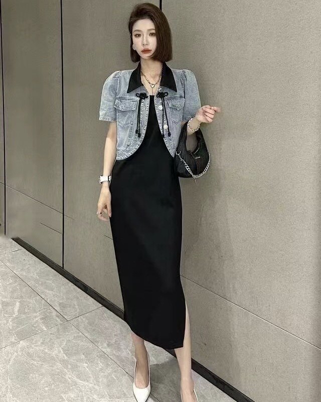 小众两件套连衣裙女夏季新款欧货撞色翻领牛仔短外套吊带长裙套装