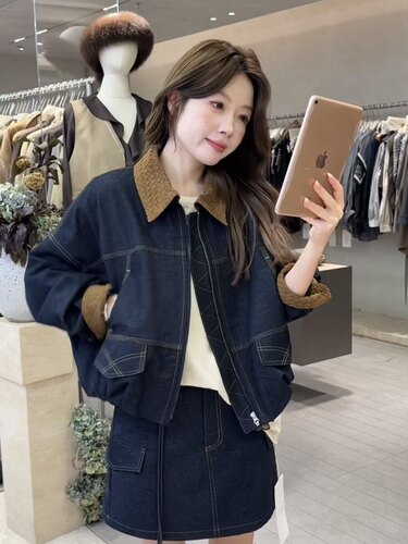 复古撞色翻领短款牛仔外套女