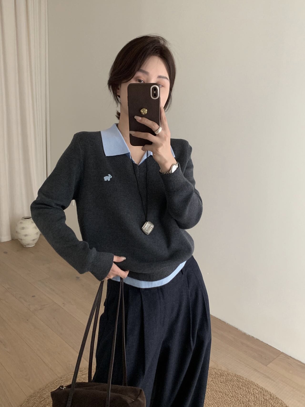 秋冬POLO领假两件显瘦针织衫女