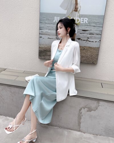 南油高端轻奢气质薄款翻领七分袖三醋酸缎面西装外套女时尚百搭