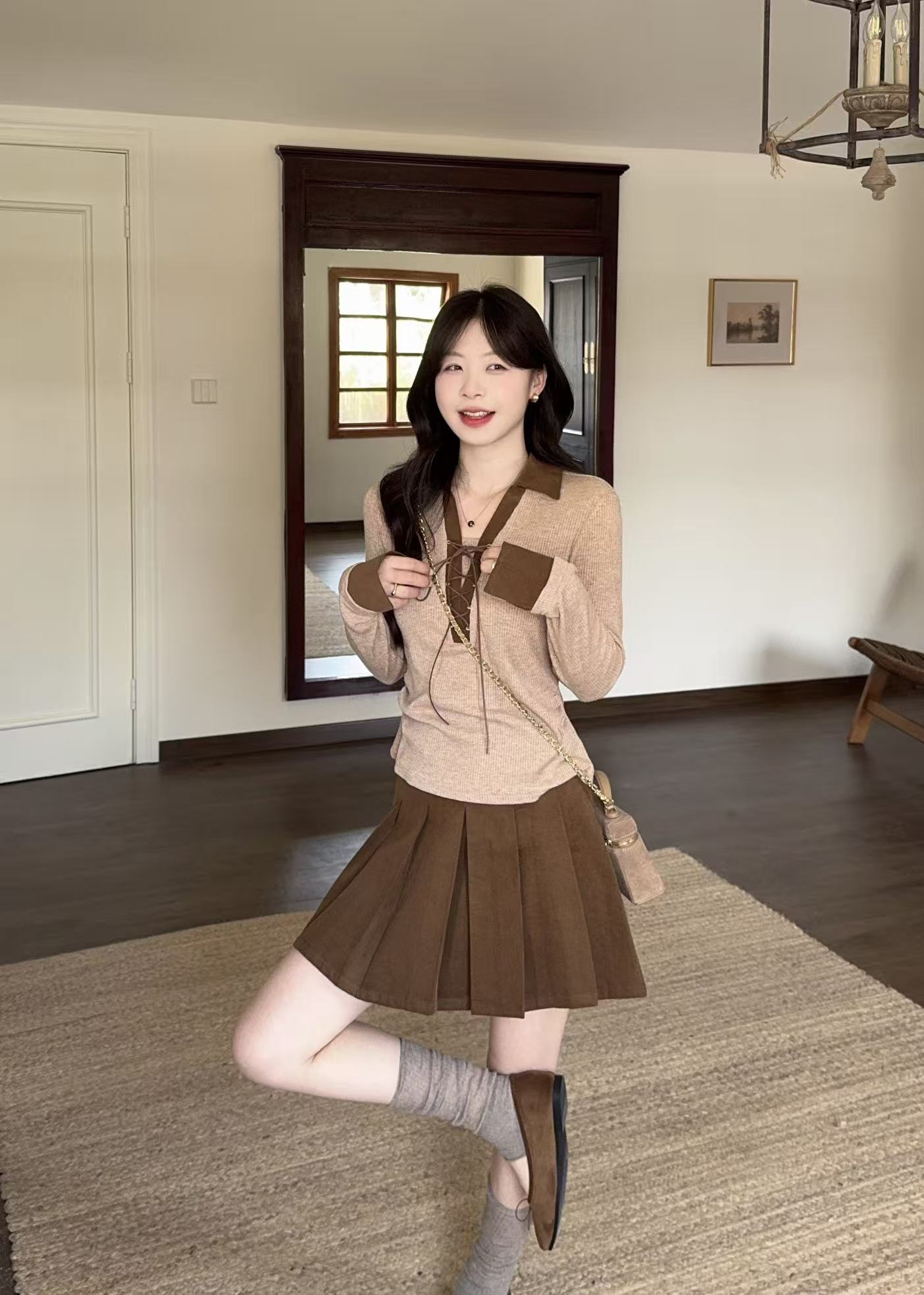法式复古显瘦减龄长袖套装裙女