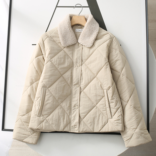 西班牙单！轻便菱形格绗缝羊羔毛翻领棉服女冬季新款保暖棉衣外套