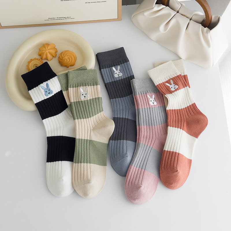 中筒袜纯棉中筒袜双针条纹刺绣