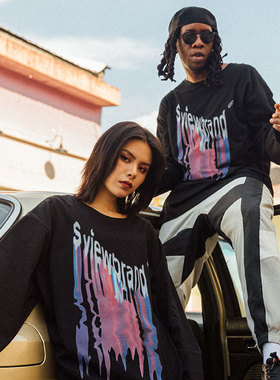 Sview 20AW 国潮水银体变形印花logo宽松休闲长袖t恤男女情侣秋季