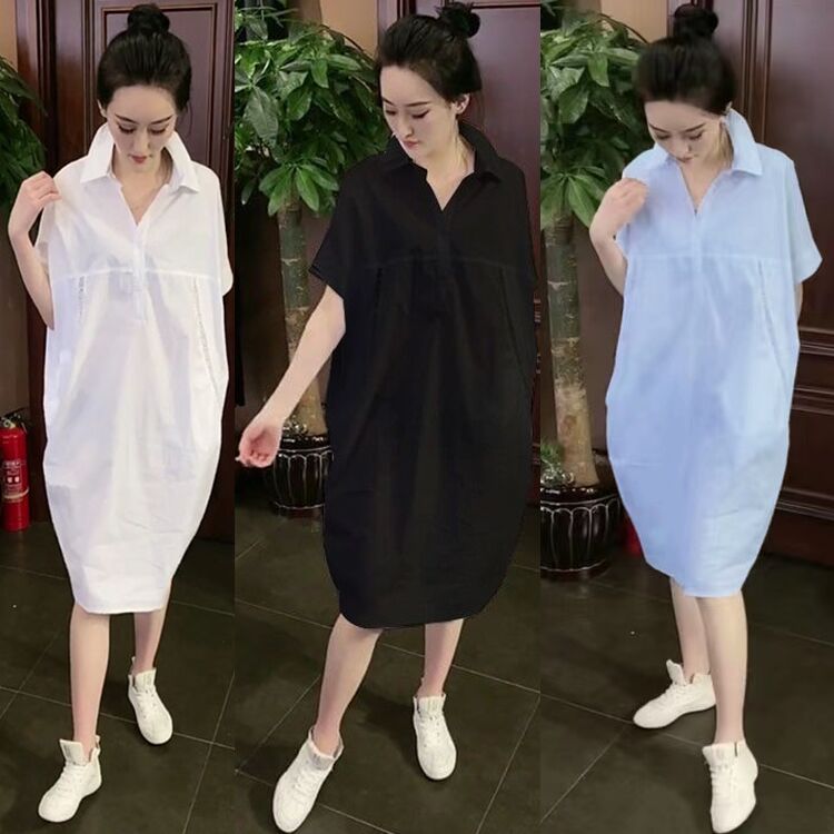 2025年夏季新款白色纯棉衬衫女加长款宽松大码短袖休闲韩版连衣裙