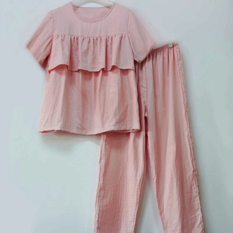 纯棉纱布防走光套装胸前荷叶边防凸点睡衣双层棉纱遮胸家居服女秋图片