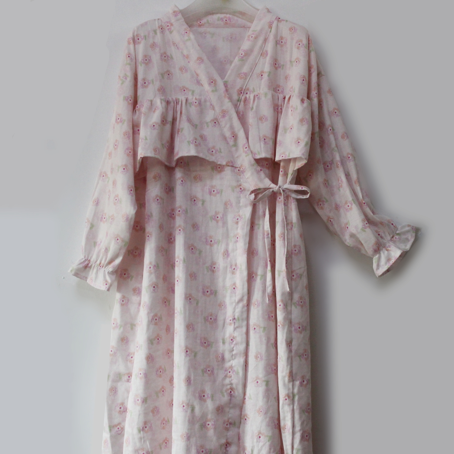 宽松睡袍荷叶边遮胸防凸点棉纱布