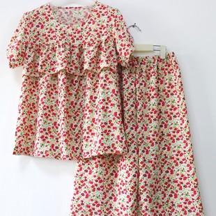 女夏季 碎花真丝绵绸夏胖人时尚 高端棉绸防走光睡衣睡裤 防凸点套装