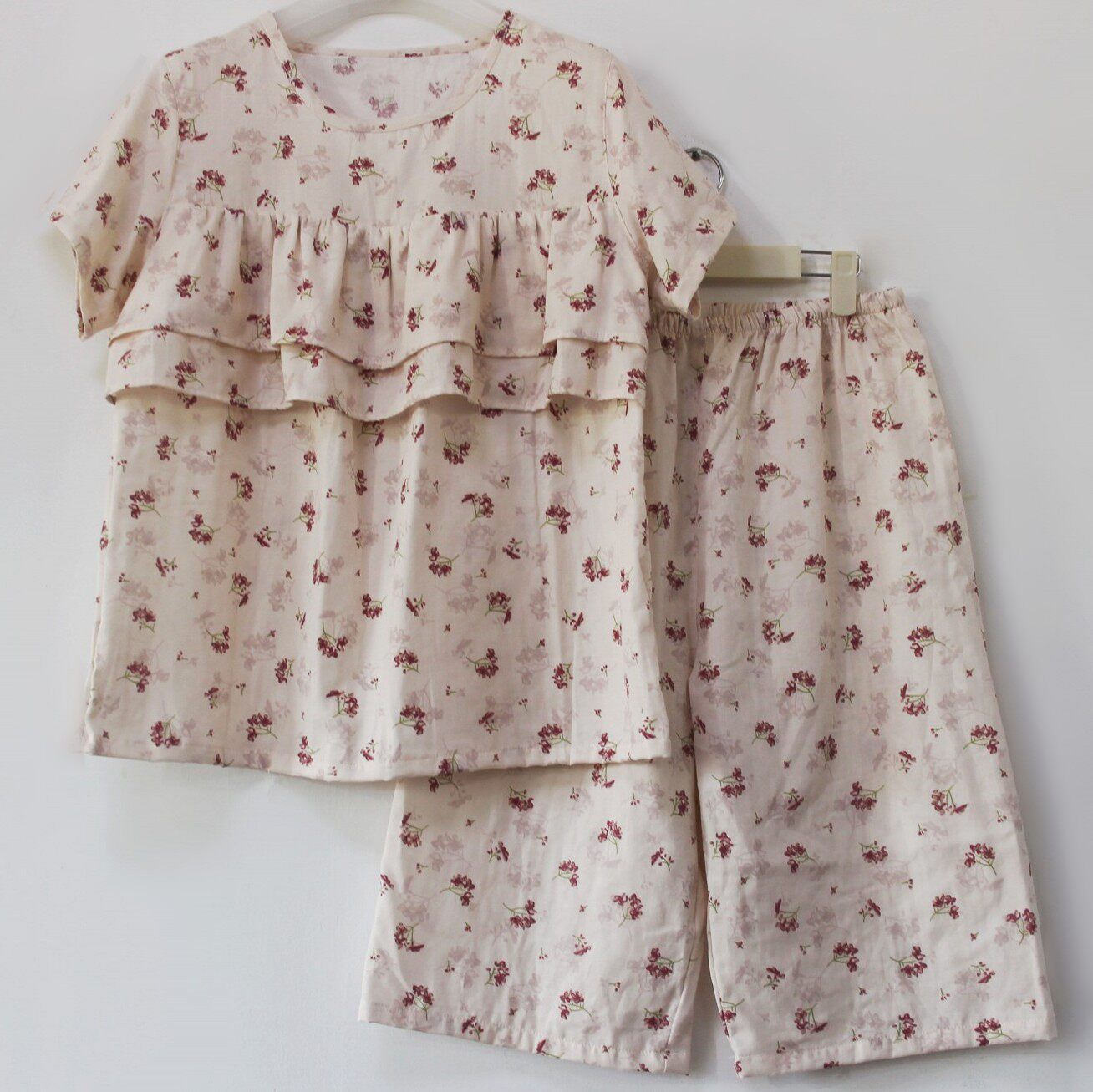 纯棉纱布防走光套装胸前双层荷叶边防凸点睡衣棉布遮胸家居服女秋