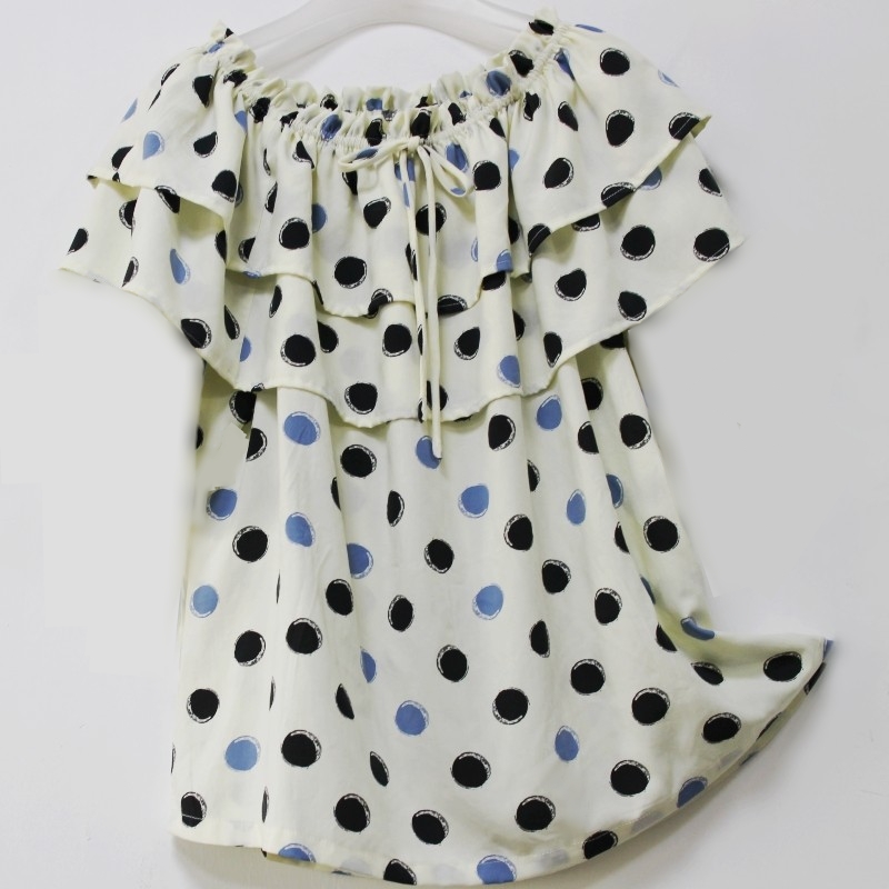 荷叶边上衣高端棉绸遮胸防凸点碎花人造棉衣服一字肩露肩休闲女夏