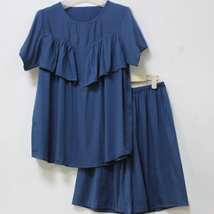 缎面棉绸防凸点睡衣纯色绵绸显瘦荷叶边遮胸套装丝戴尔家居服女夏