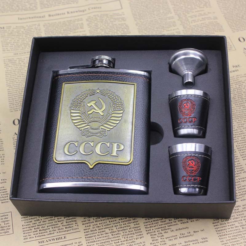 8盎司酒具套装 不锈钢酒壶 户外俄罗斯随身白酒瓶包皮贴片CCCP