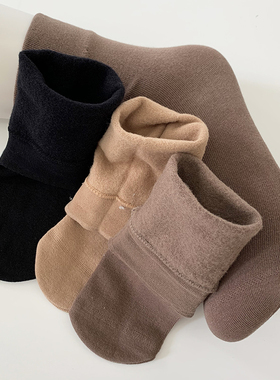 6双永春精梳棉拉绒保暖袜女士秋冬加绒厚款透气棉袜宽边黑色肤色