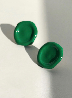 日韩复古绿色珐琅滴油圆形凹凸质感耳环几何925纯银针