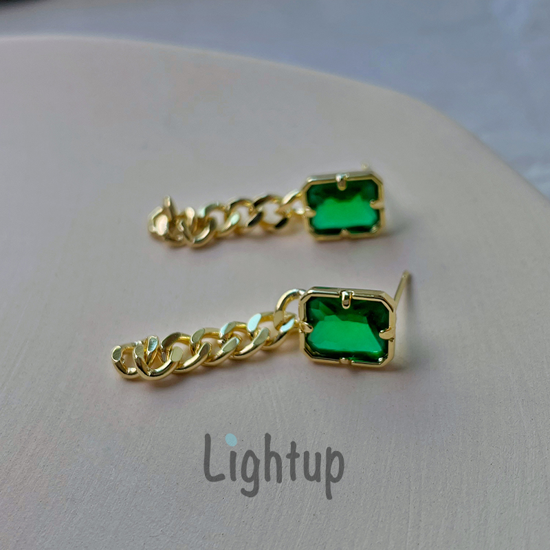 法式复古祖母绿方形宝石链条耳环