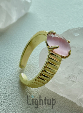 少女心女王粉色猫眼石开口戒指ins设计感叠戴可调节18K