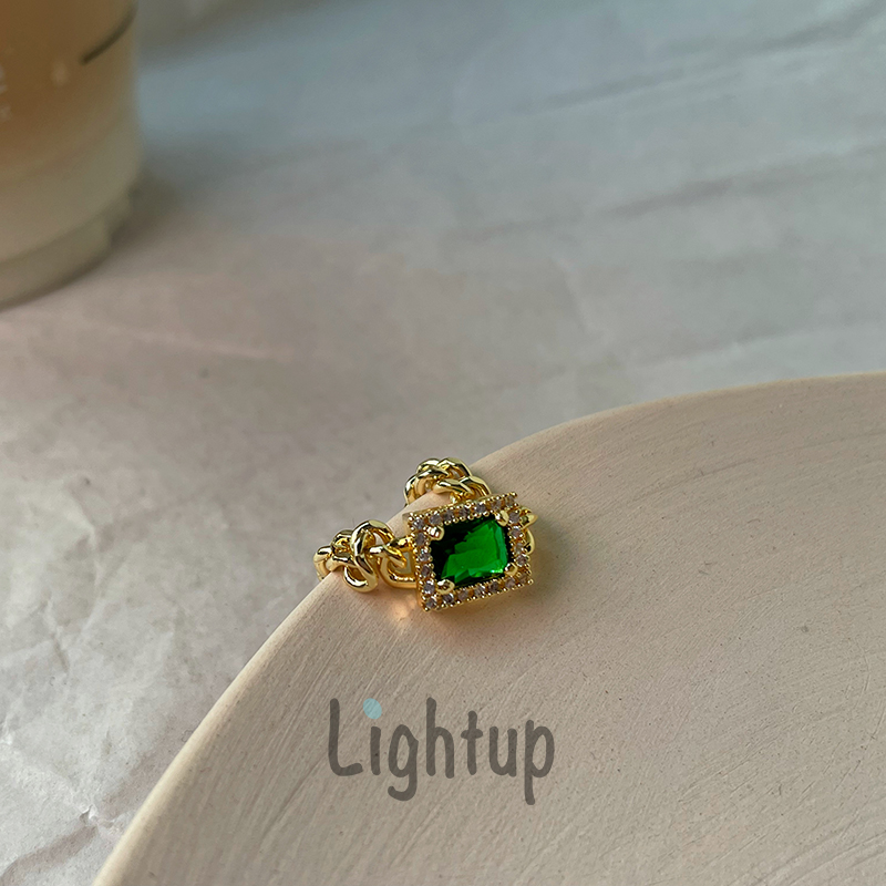 复古祖母绿宝石金属链条戒指