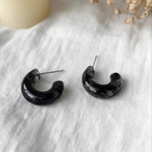 黑色水墨C形圆圈耳环复古小巧百搭高级感欧美耳饰