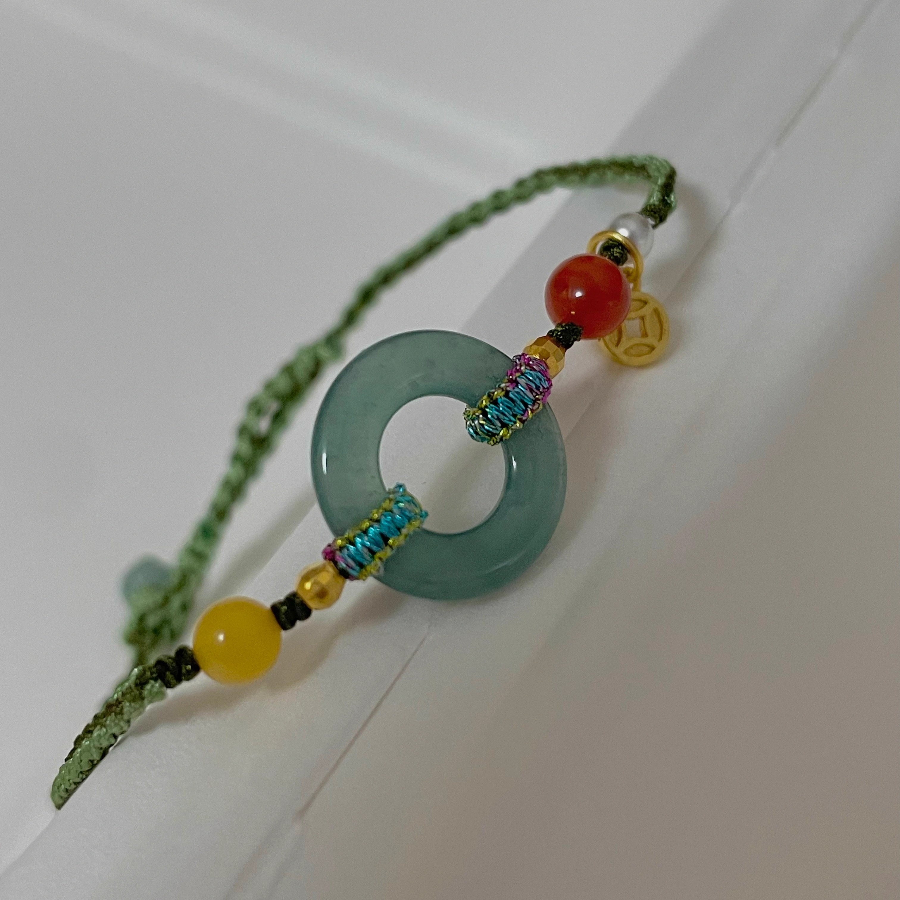 国风蓝水翡翠平安扣编绳手链