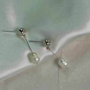 巴洛克风天然淡水珍珠长款耳环气质小众设计耳坠银色