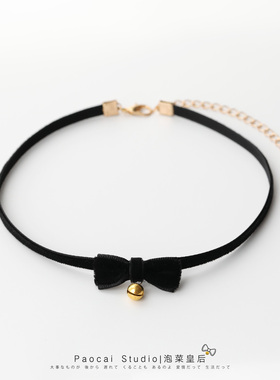 法式小铃铛。复古黑色丝绒蝴蝶结项圈颈链短款韩国项链女choker