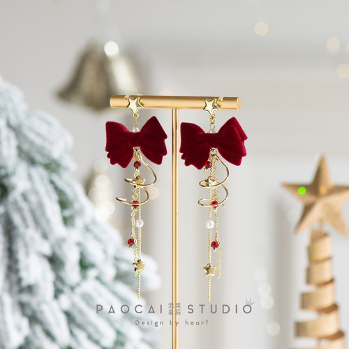泡菜皇后甜美新年红色蝴蝶结耳钉