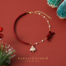 原创珍珠圣诞树吊坠丝绒锁骨链女红色喜庆项链气质百搭颈链choker