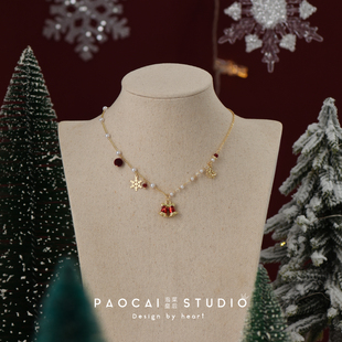 原创圣诞节雪花铃铛锁骨链女时尚 百搭珍珠项链小众设计高级感颈链