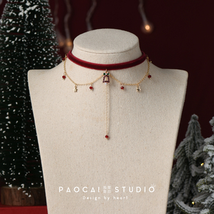 原创新年红色丝绒锁骨链镶钻圣诞树节日项链女甜美气质颈链choker