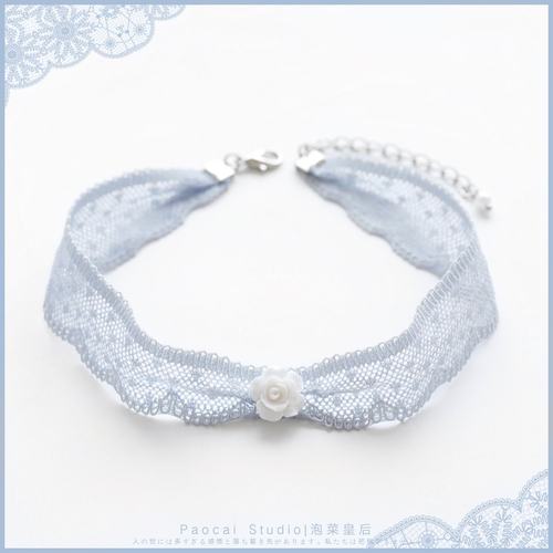 雾霾蓝蕾丝choker项圈山茶花朵超仙气质颈链锁骨链女脖子饰品颈带