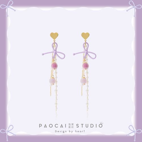 泡菜皇后原创紫色蝴蝶结流苏耳钉