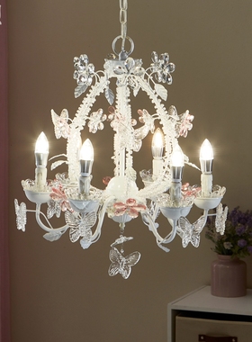 SY法式浪漫蝴蝶与花水晶吊灯欧式复古白色公主女儿房间卧室灯饰