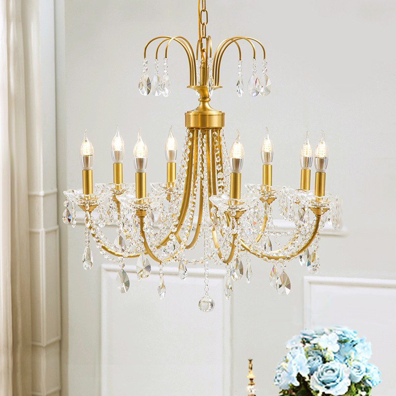 SY轻奢全铜雨弧珠链水晶吊灯欧美法式蜡烛款客厅餐厅房间卧室灯,家装灯饰光源,客厅吊灯,淘宝优惠券,粉丝福利购,淘宝优惠卷
