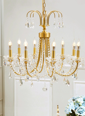 SY轻奢全铜雨弧珠链水晶吊灯欧美法式蜡烛款客厅餐厅房间卧室灯