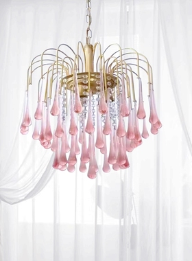 SY浪漫全铜粉红色雨滴水晶吊灯欧法式轻奢公主女儿童房间卧室灯