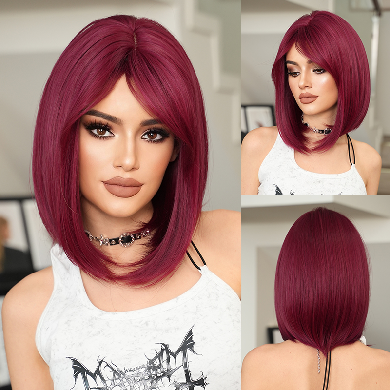 欧美假发葡萄紫红斜刘海短直发