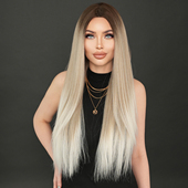 7jhhwigs灰棕渐变头顶染棕女长直假发套网红同款 中分假发套