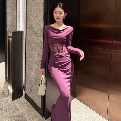 御姐纯欲性感紫色蕾丝荡领连衣裙