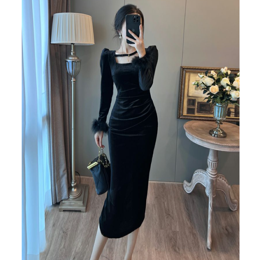法式甜辣复古方领丝绒连衣裙女秋冬打底长袖修身赫本风高级小黑裙,女装/女士精品,连衣裙,淘宝优惠券,粉丝福利购,淘宝优惠卷