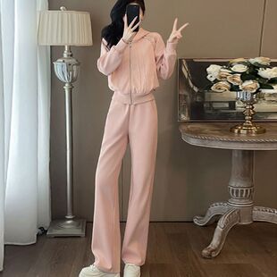 粉色休闲运动套装女春秋连帽开衫卫衣时尚减龄显瘦阔腿裤两件套潮