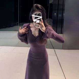 甜辣内搭蕾丝V领紫色连衣裙女春秋纯欲性感打底包臀气质长裙子冬