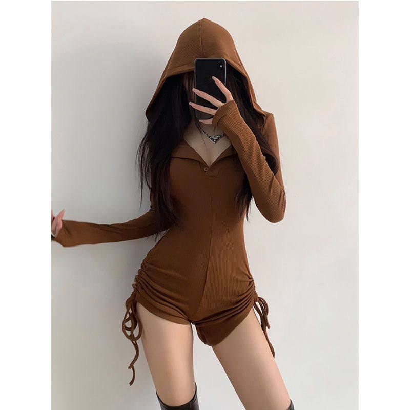 美式辣妹风连帽连体裤女春秋高腰显瘦修身系带抽绳长袖连体衣短裤