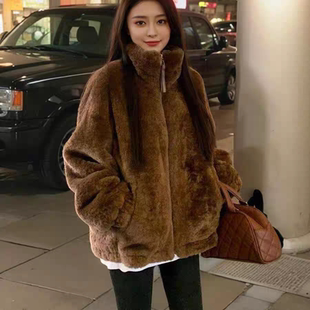 街头风粉色仿羊羔毛绒连帽外套女秋冬宽松加厚小个子立领棉服大衣