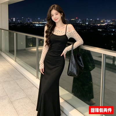 韩系假两件撞色波点斜肩长袖连衣裙女秋小个子气质收腰显瘦长裙子