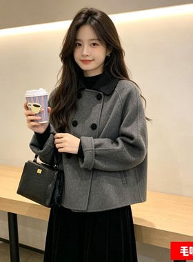 灰色短款呢子大衣女秋冬娃娃领复古加厚小个子韩系赫本风毛呢外套